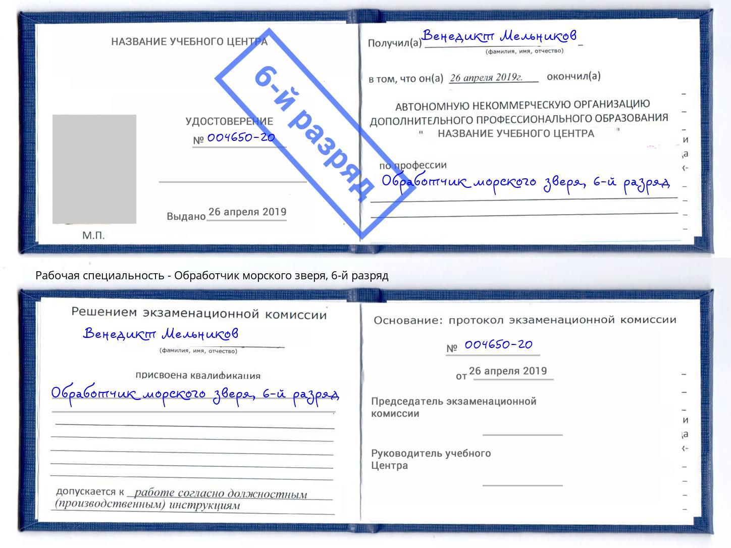 корочка 6-й разряд Обработчик морского зверя Армавир