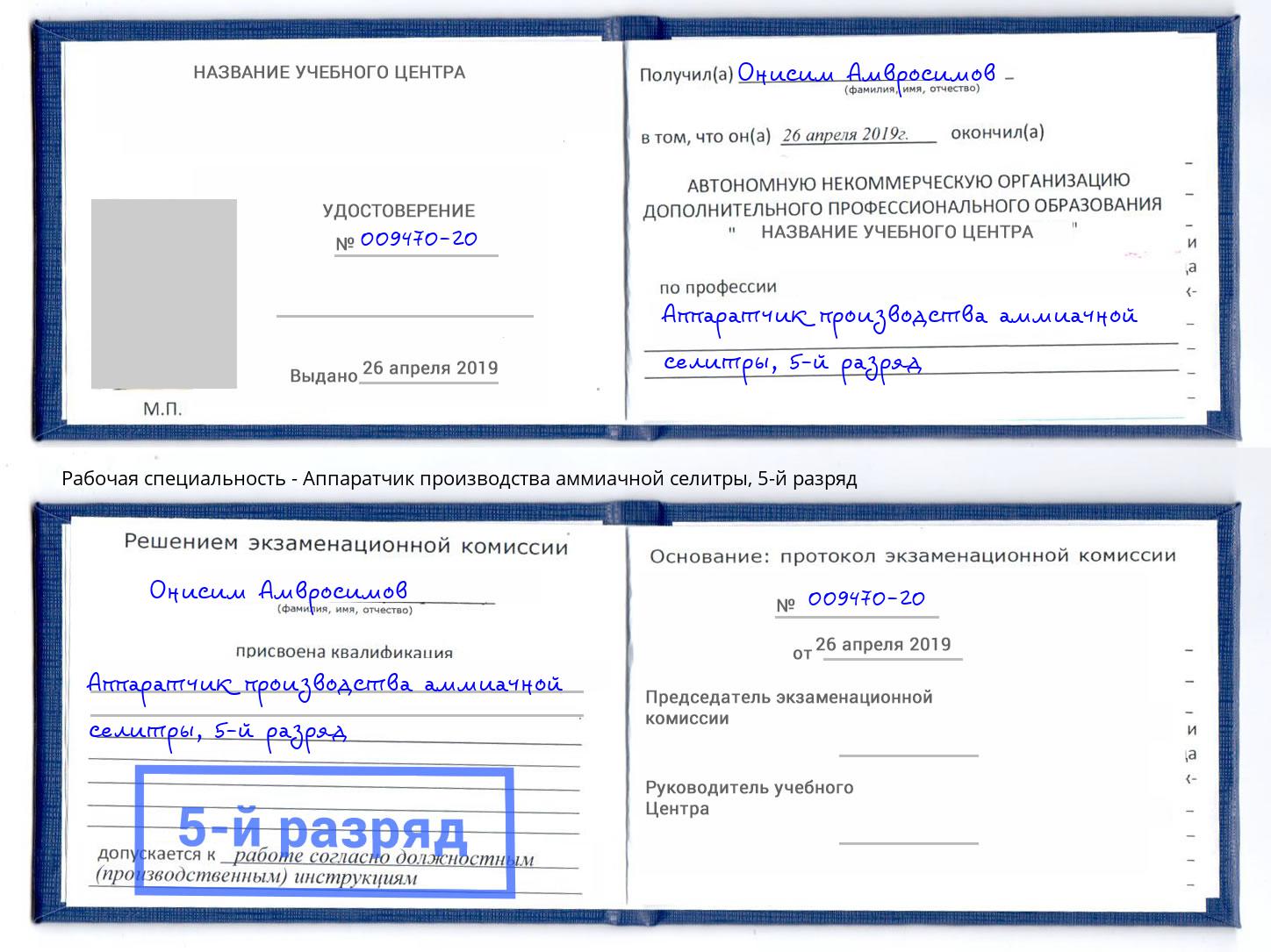 корочка 5-й разряд Аппаратчик производства аммиачной селитры Армавир